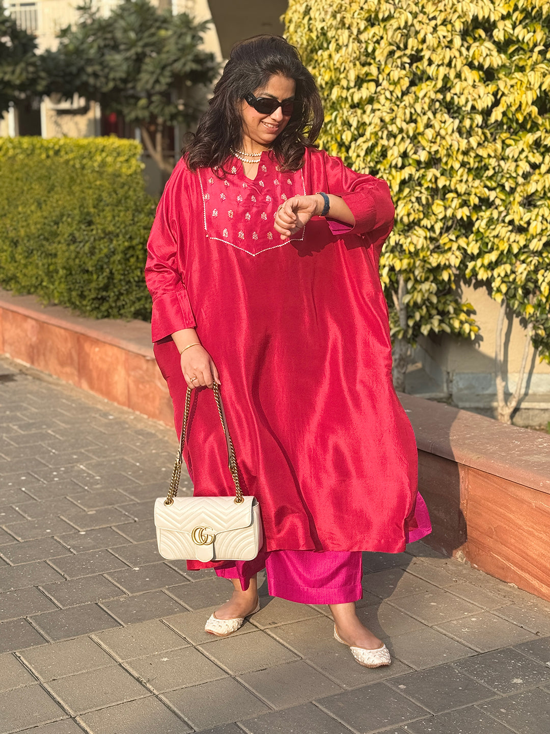 PARV - Deep Crimson Silk Embroidered Kurta set (Loose Fit / One Size)