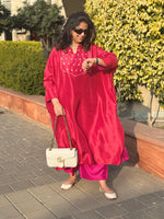 PARV - Deep Crimson Silk Embroidered Kurta set (Loose Fit / One Size)