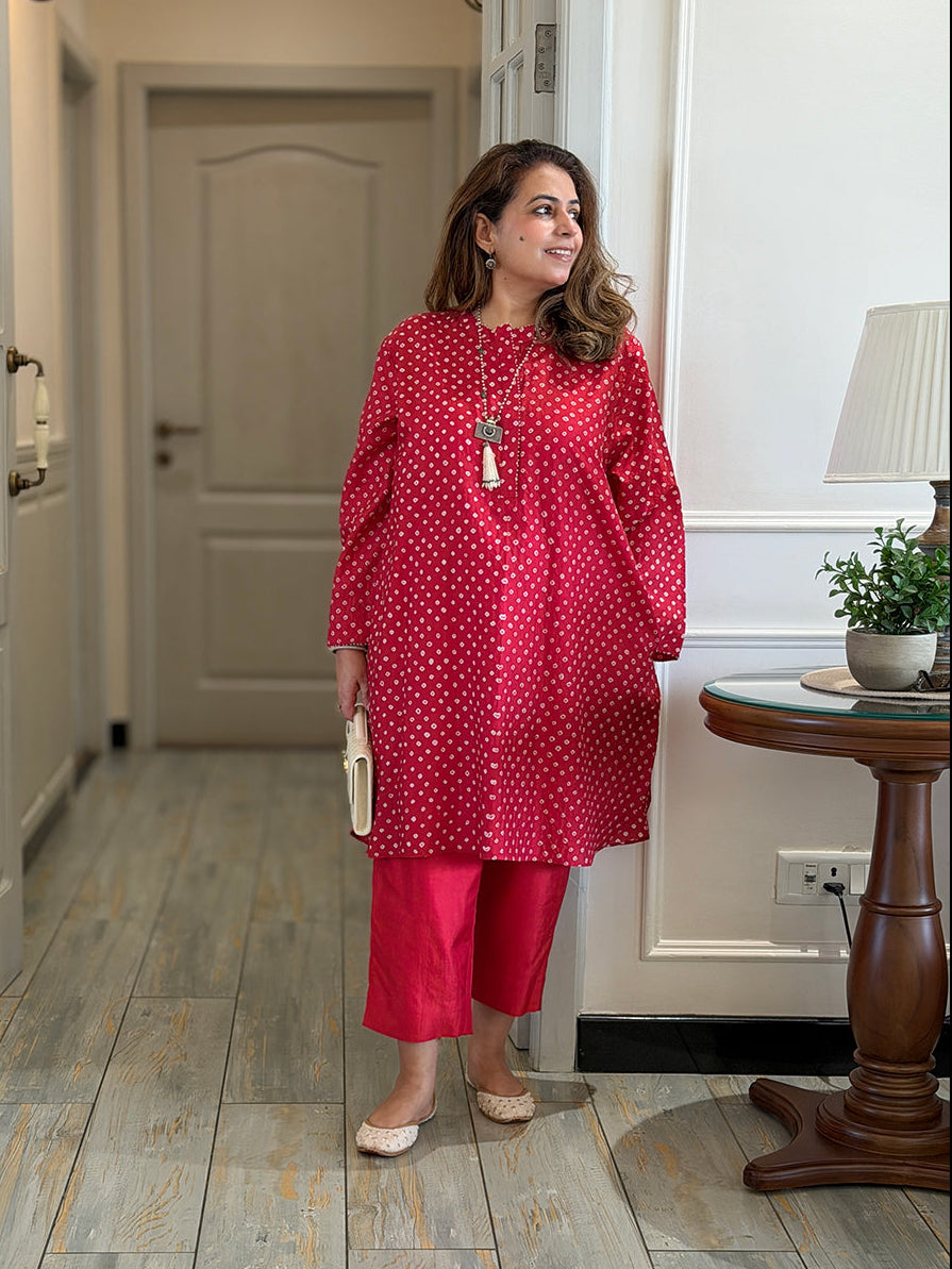 REET - Poppy Red Bandhej Silk Kurta Set