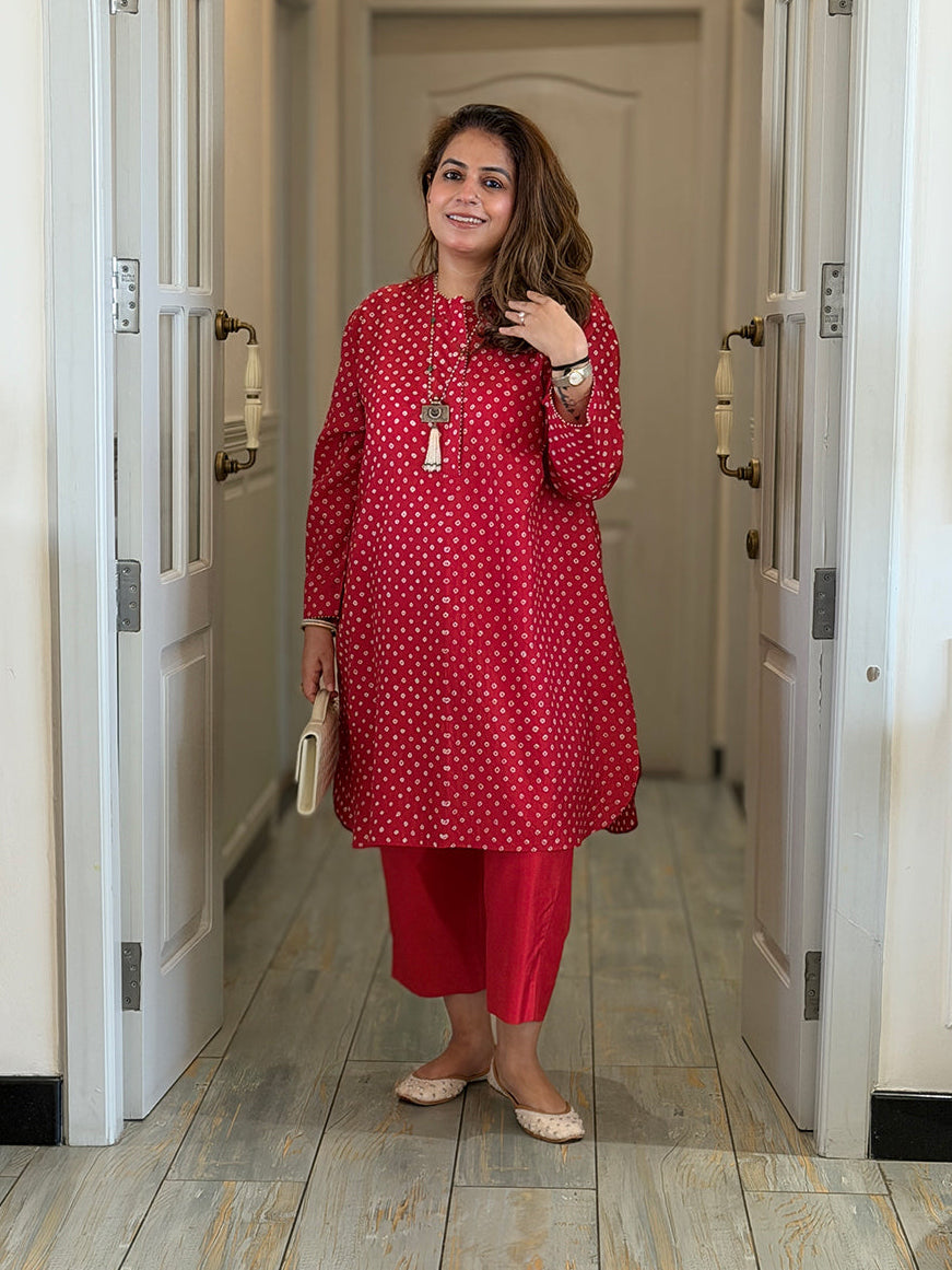 REET - Poppy Red Bandhej Silk Kurta Set