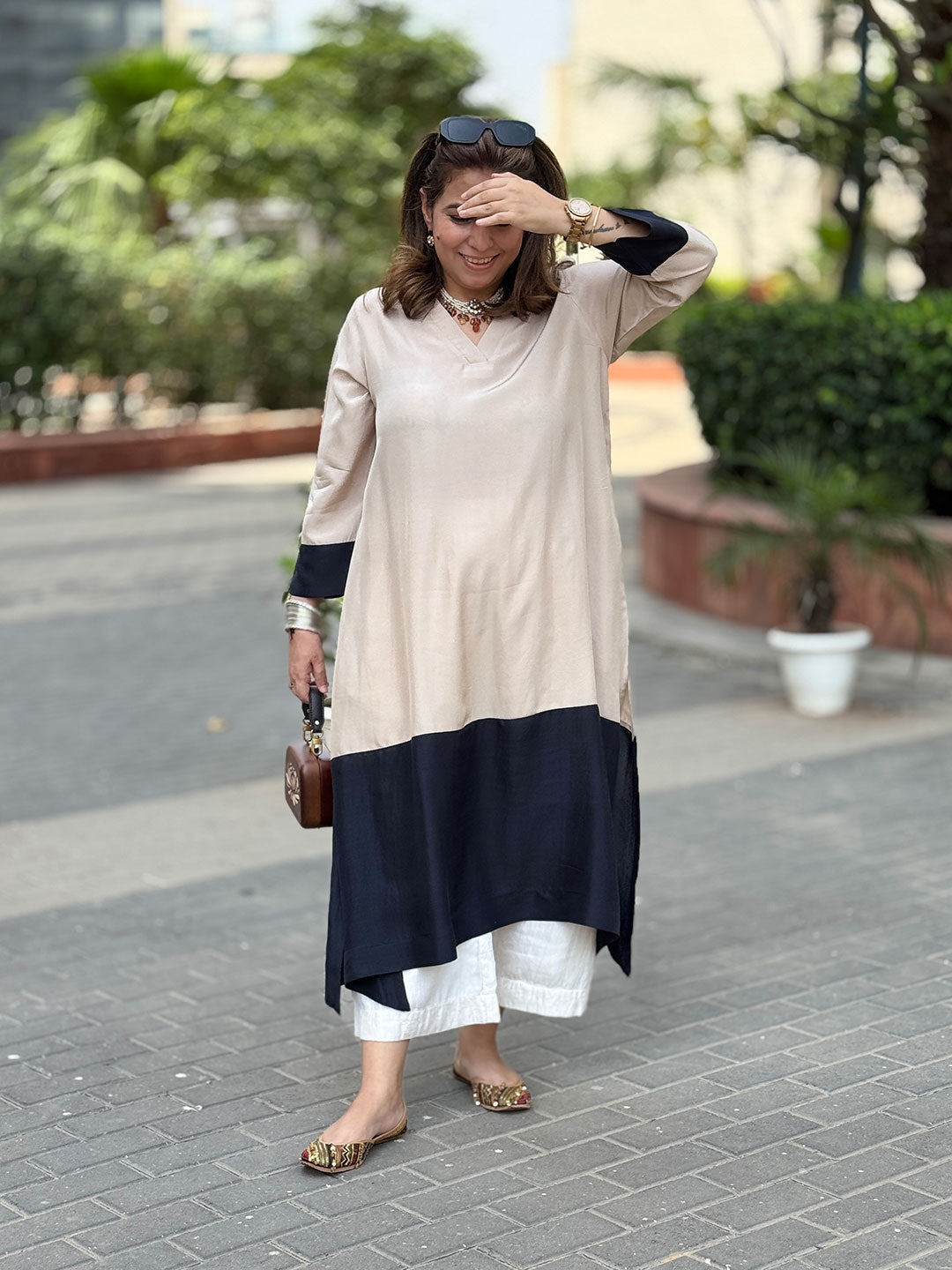 RANG - Beige Color Block Pure Silk Kurta / Kurta Set