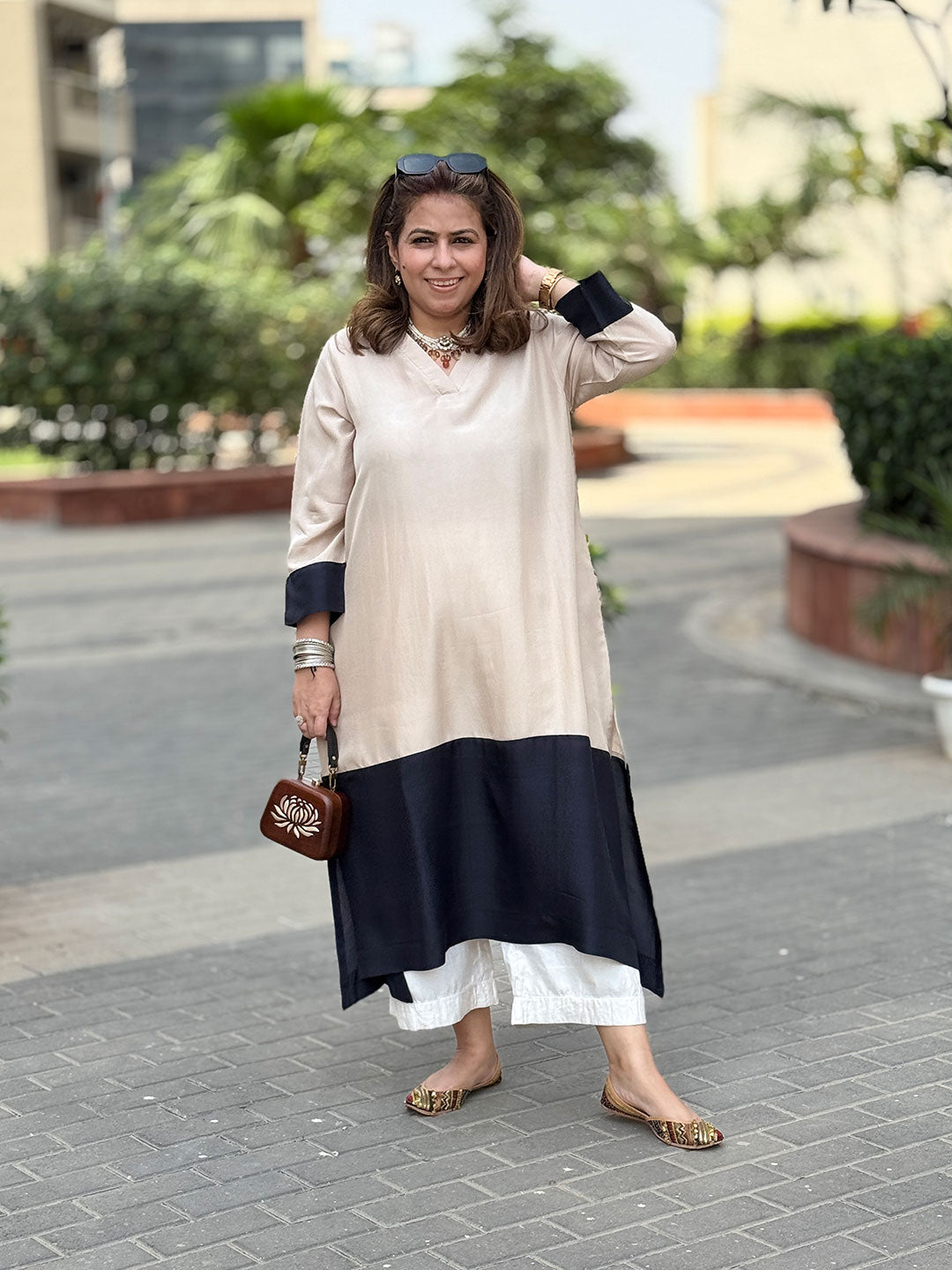 RANG - Beige Color Block Pure Silk Kurta / Kurta Set