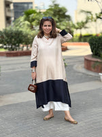 RANG - Beige Color Block Pure Silk Kurta / Kurta Set