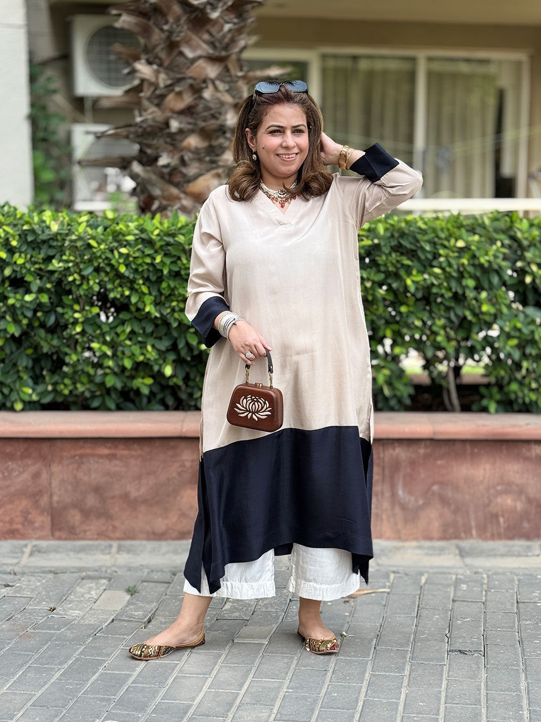 RANG - Beige Color Block Pure Silk Kurta / Kurta Set