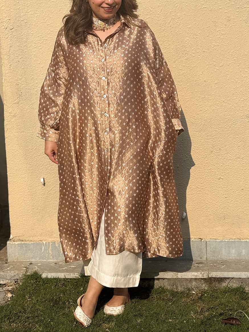 REET - Honey Gold Bandhej Silk Kurta (Anti Fit / One Size)
