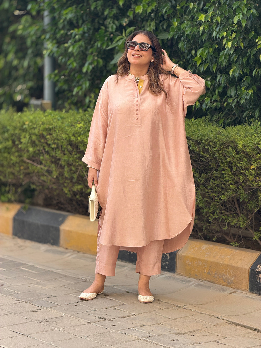 Neera - Petal Pink Silk Embroidered Kurta (Loose Fit / One Size)