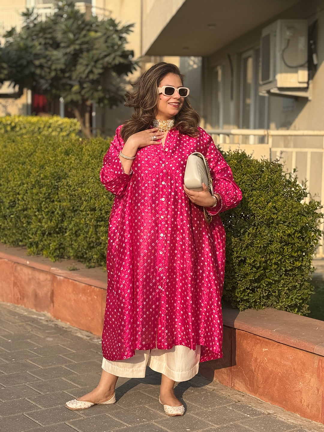 REET - Shocking Pink Bandhej Silk Kurta (Loose Fit / One Size)