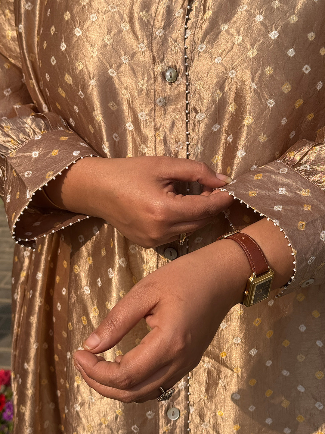 REET - Honey Gold Bandhej Silk Kurta (Anti Fit / One Size)