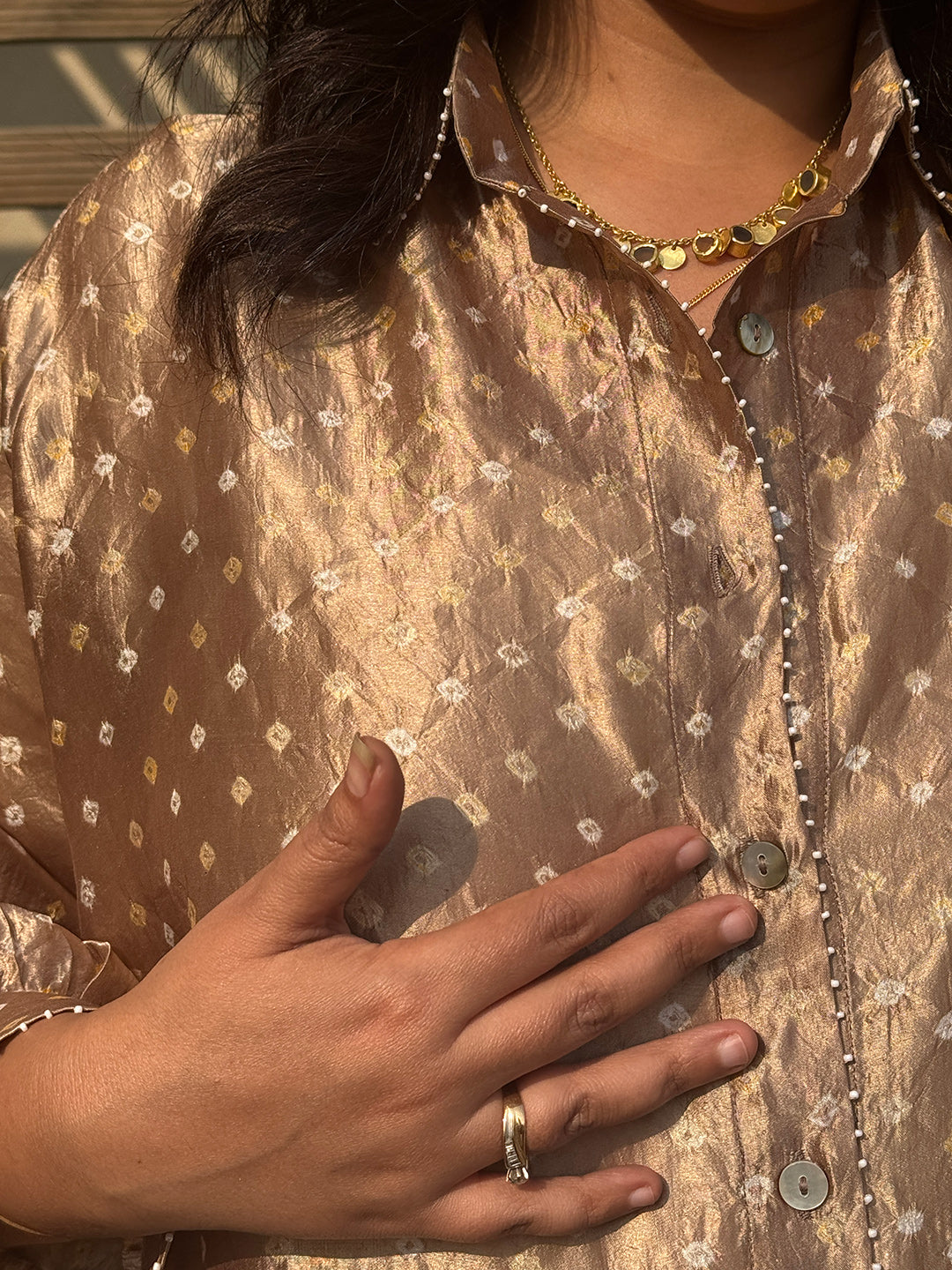 REET - Honey Gold Bandhej Silk Kurta (Anti Fit / One Size)