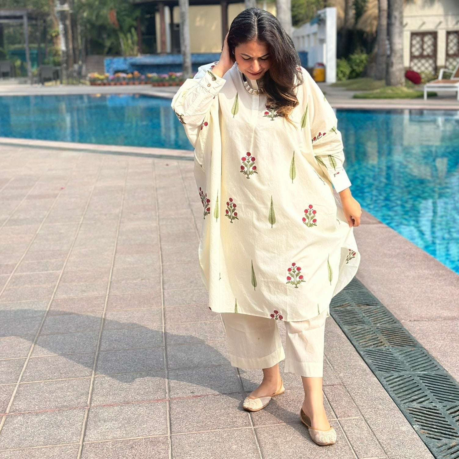 Comfy Cotton Kurta Set (Loose Fit / One Size) - Handblocked Poppies