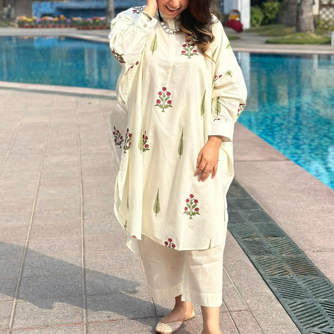 Comfy Cotton Kurta Set (Loose Fit / One Size) - Handblocked Poppies