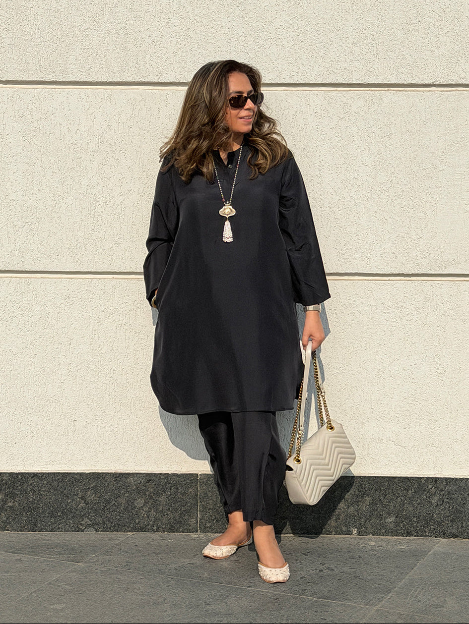 RAAGA - Jet Black Pure Silk Kurta Set