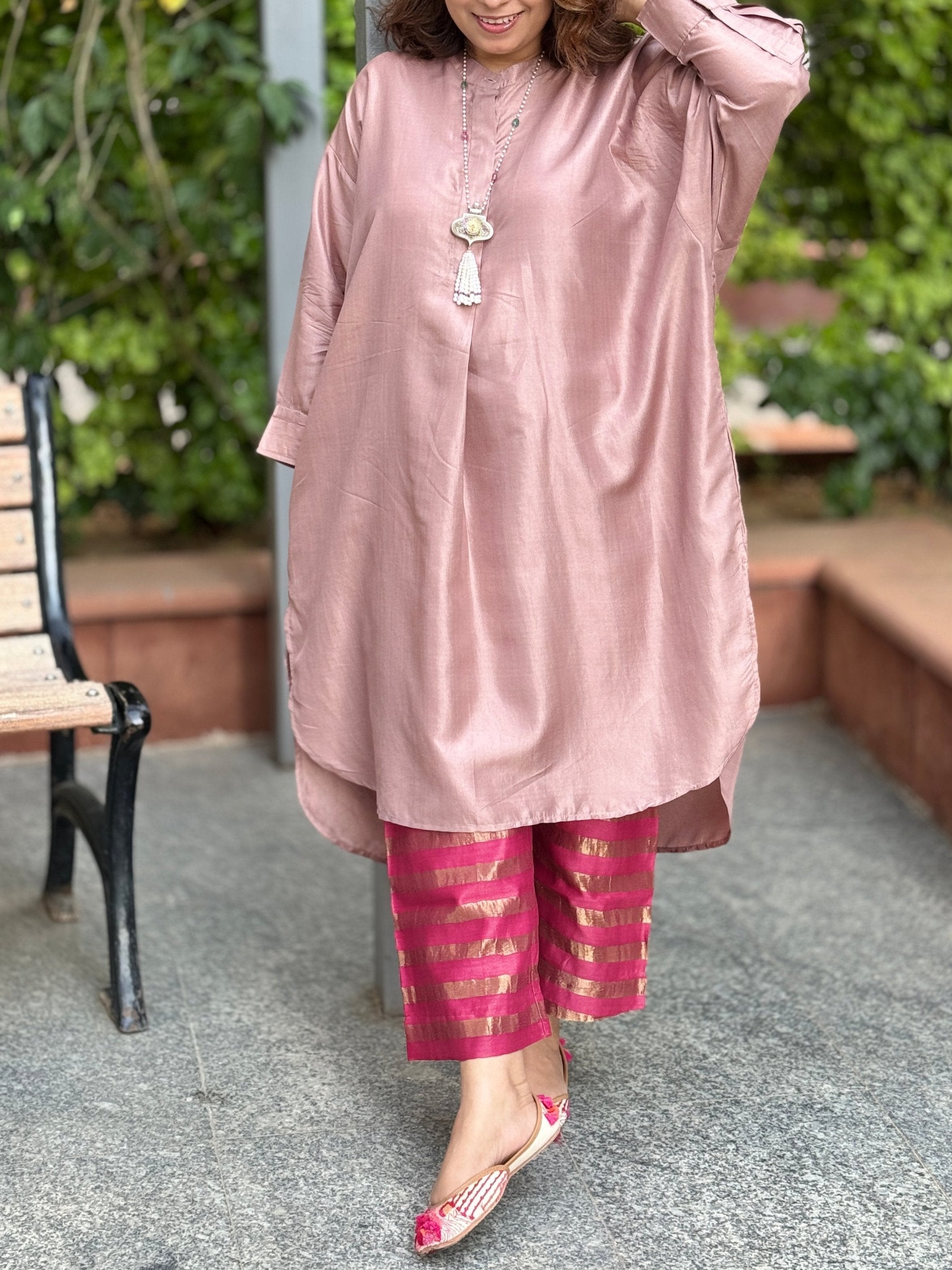 ZARIN - Salmon Pink Pure Silk Co-ord set (Loose Fit / One Size)