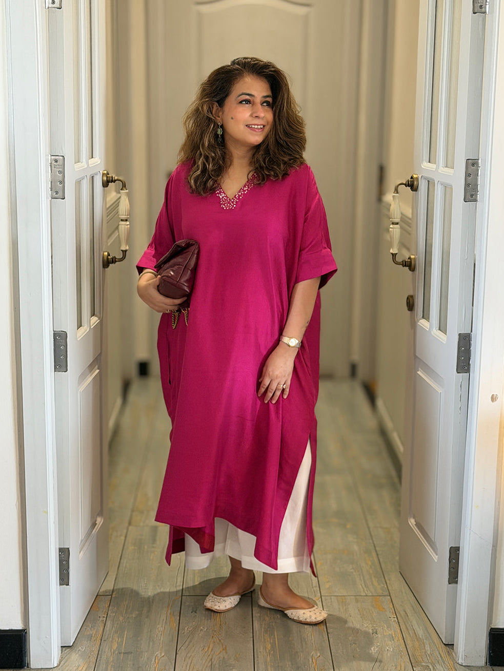 Neera - Rani Pink Pure Silk Embroidered Kurta (Loose Fit / One Size)