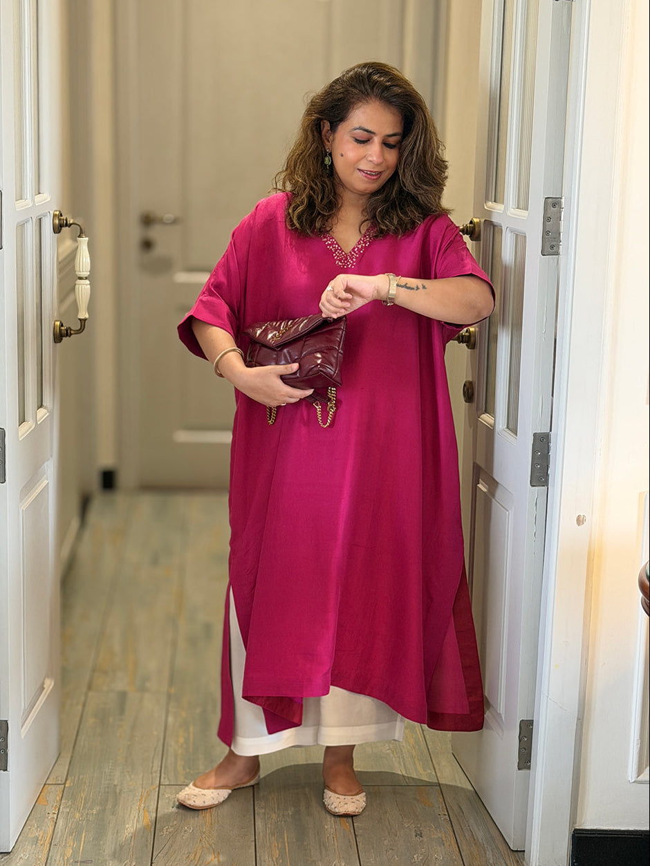 Neera - Rani Pink Pure Silk Embroidered Kurta (Loose Fit / One Size)