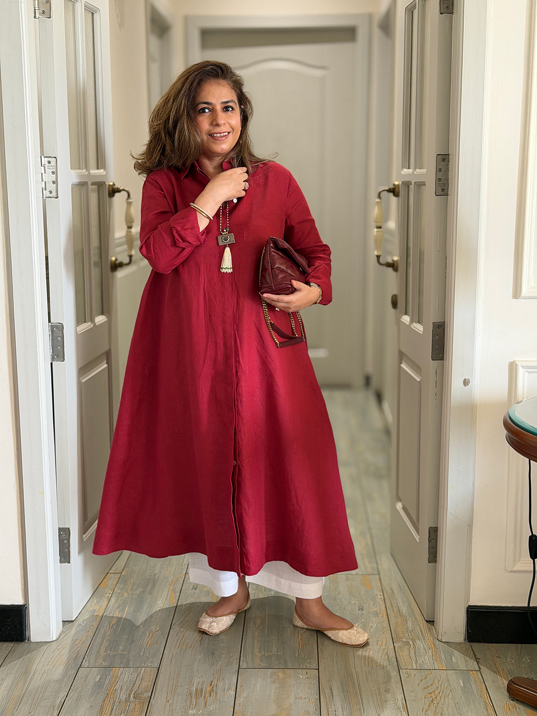 Navya - Deep Red Pure Linen Kurta Set