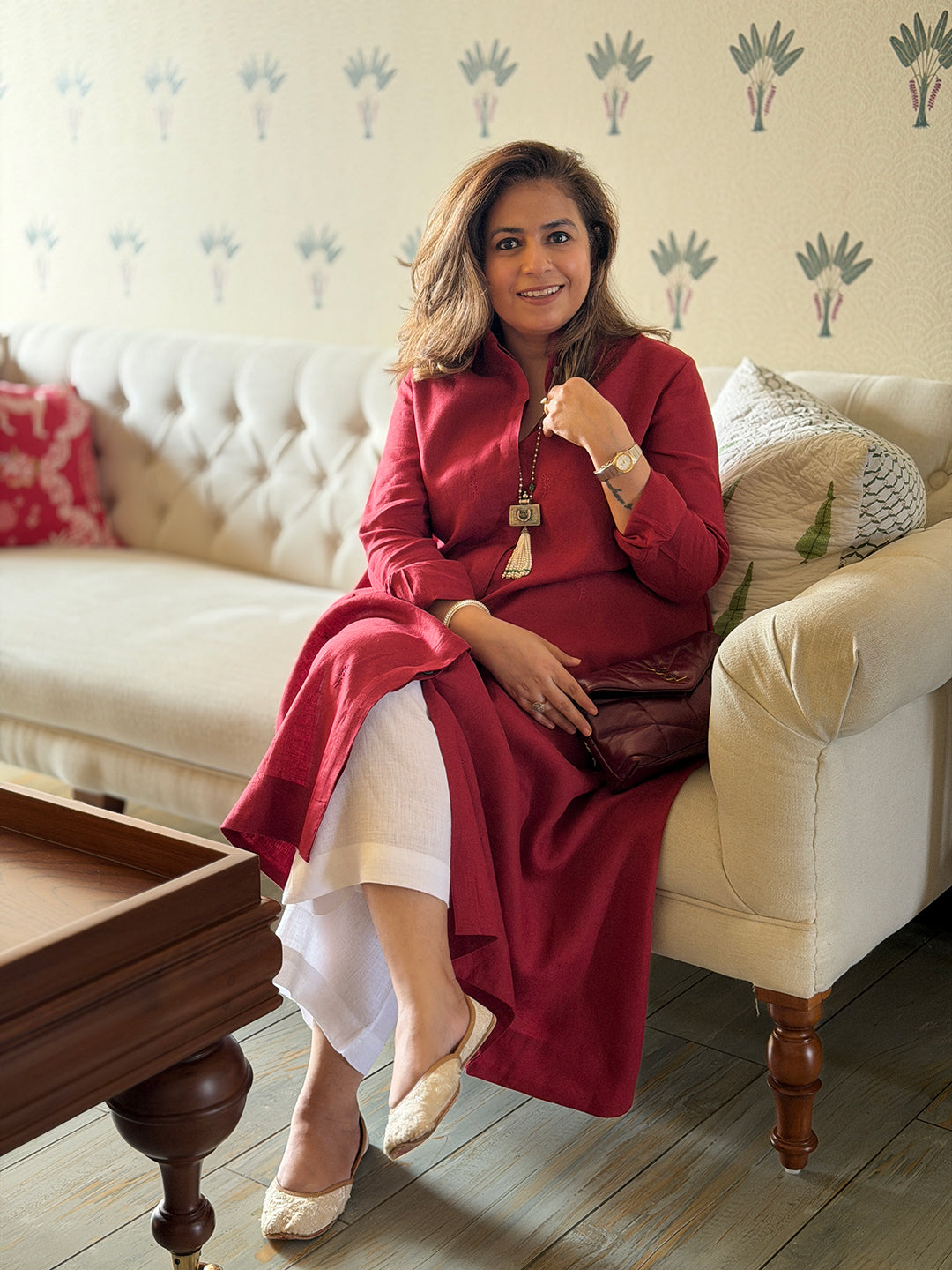 Navya - Deep Red Pure Linen Kurta Set