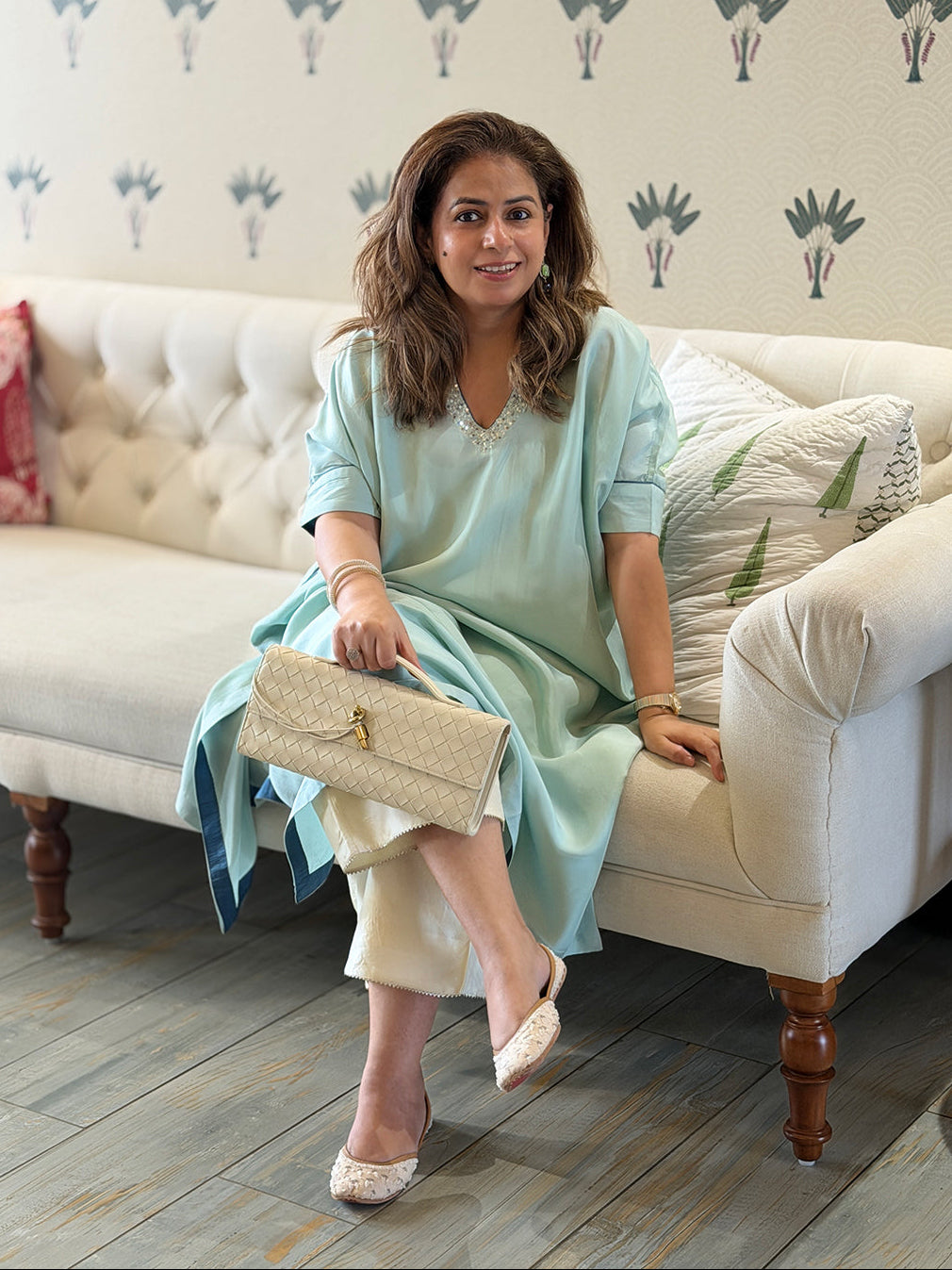 Neera - Ice Blue Silk Embroidered Kurta (Loose Fit / One Size)
