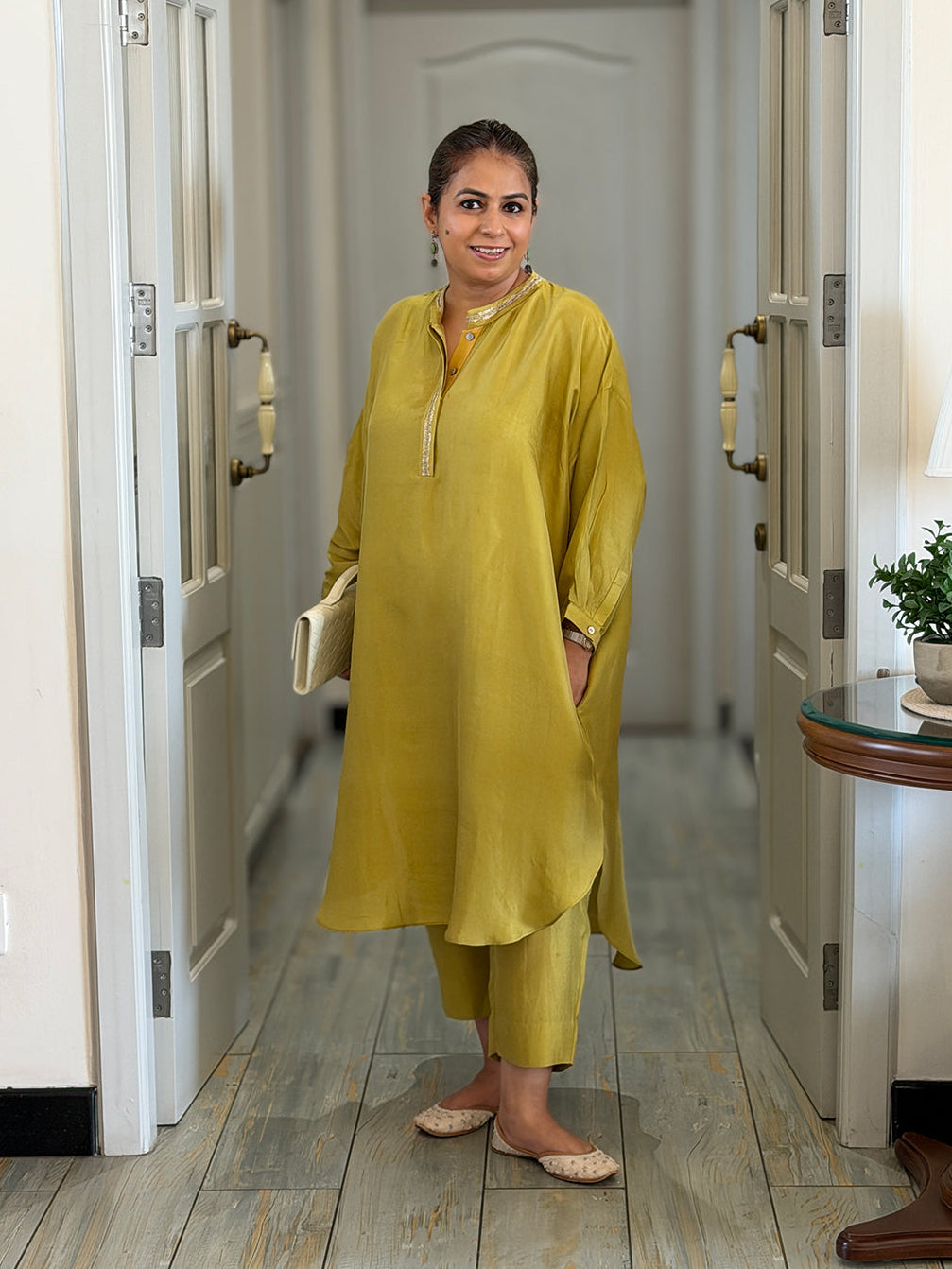 Neera - Lime Green Silk Embroidered Kurta (Loose Fit / One Size)