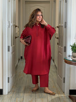 Neera - Vermilion Red Silk Embroidered Kurta (Loose Fit / One Size)