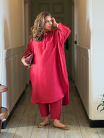 Neera - Vermilion Red Silk Embroidered Kurta (Loose Fit / One Size)