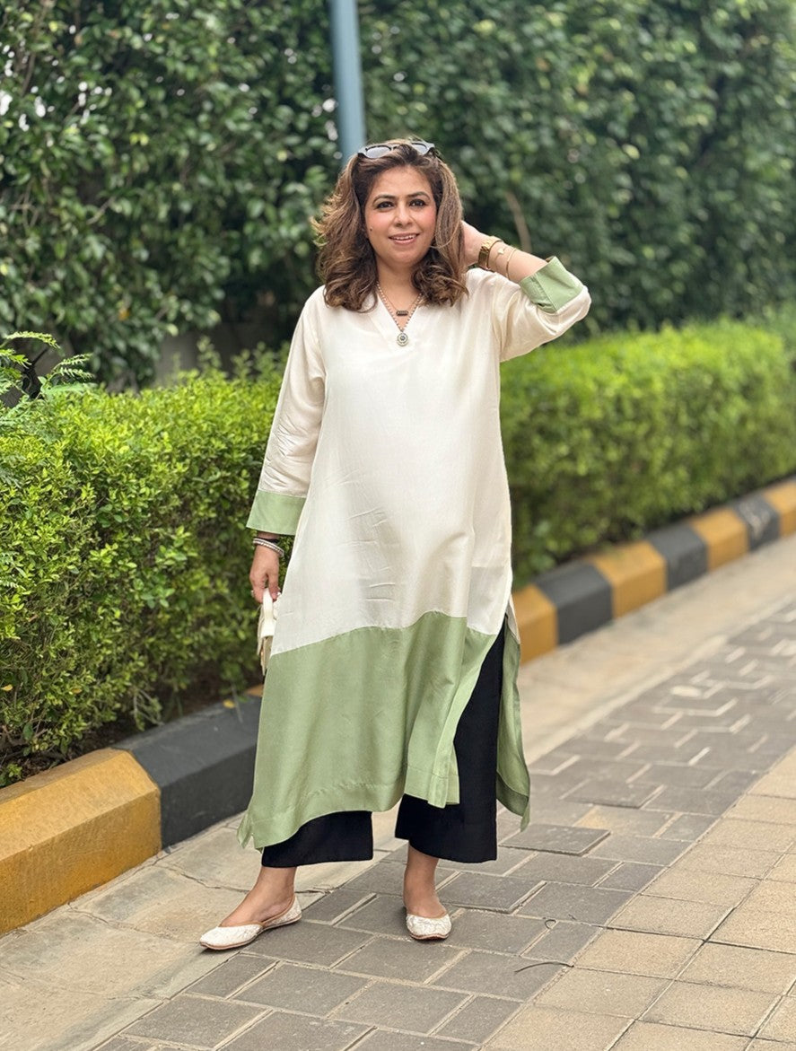 RANG - Sage Grace Color Block Pure Silk Kurta / Kurta Set