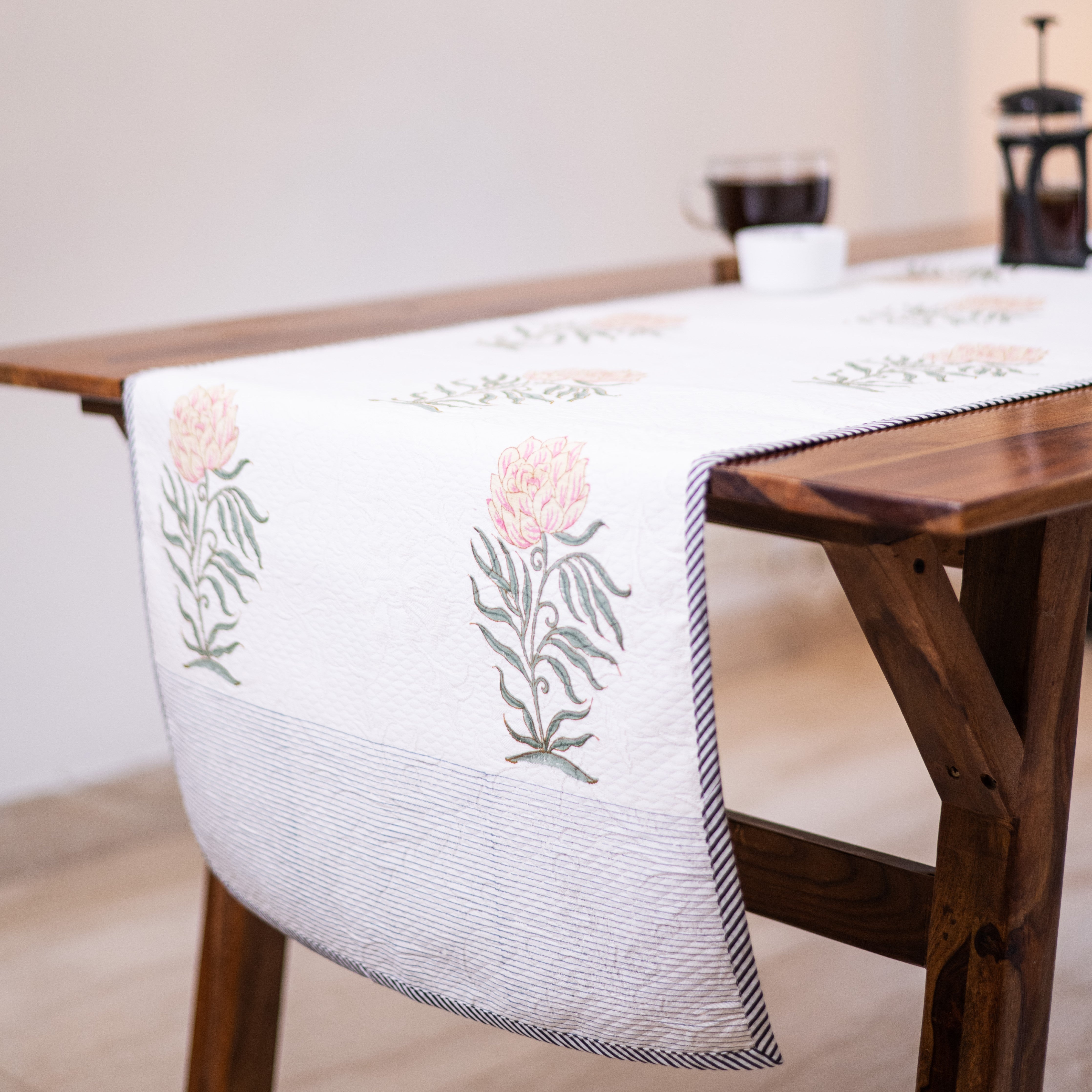 Fulwari Rose Cotton Pique / Jacquard Table Runner - for 6 Seater Dining Table