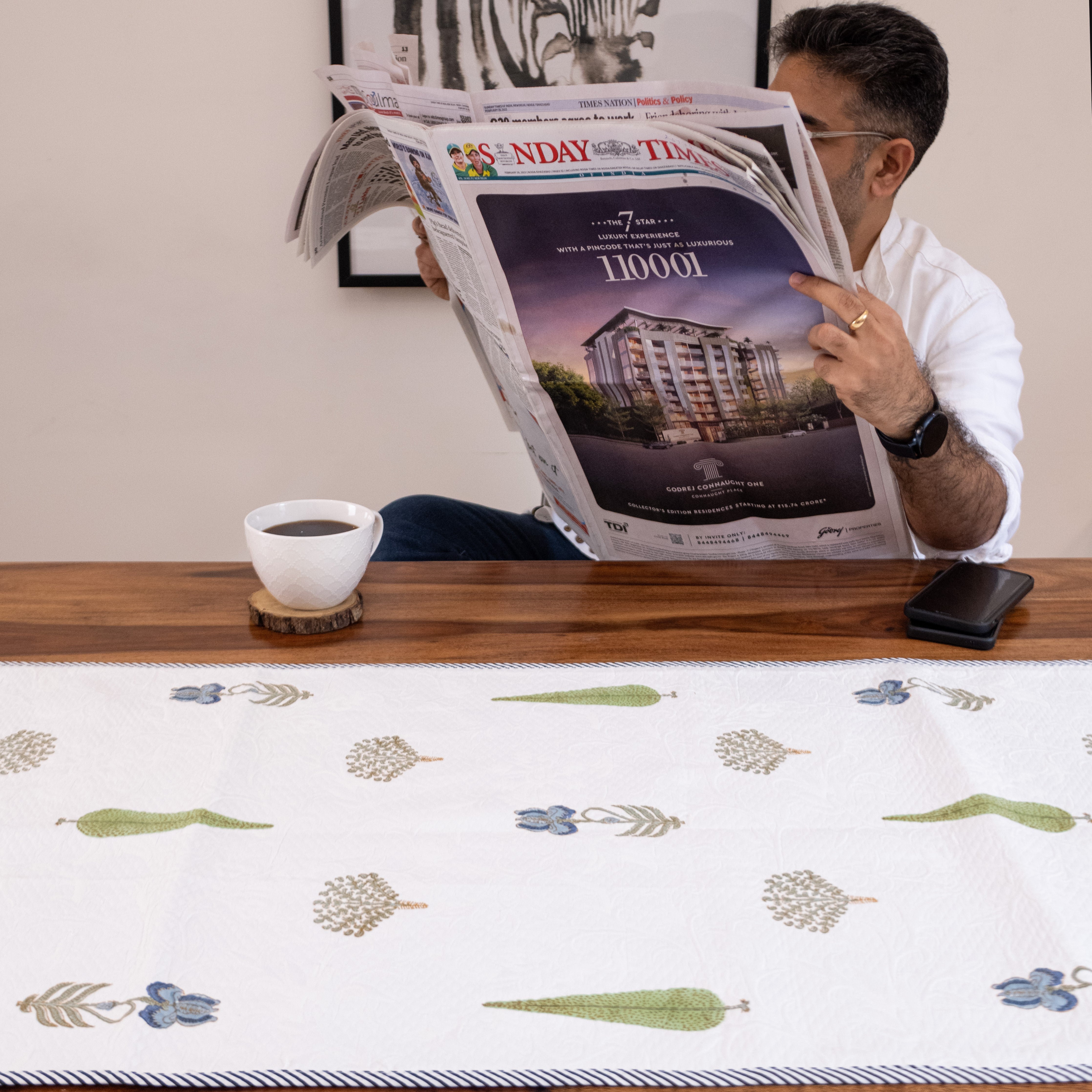 Fulwari Cotton Pique / Jacquard Table Runner - for 6 Seater Dining Table