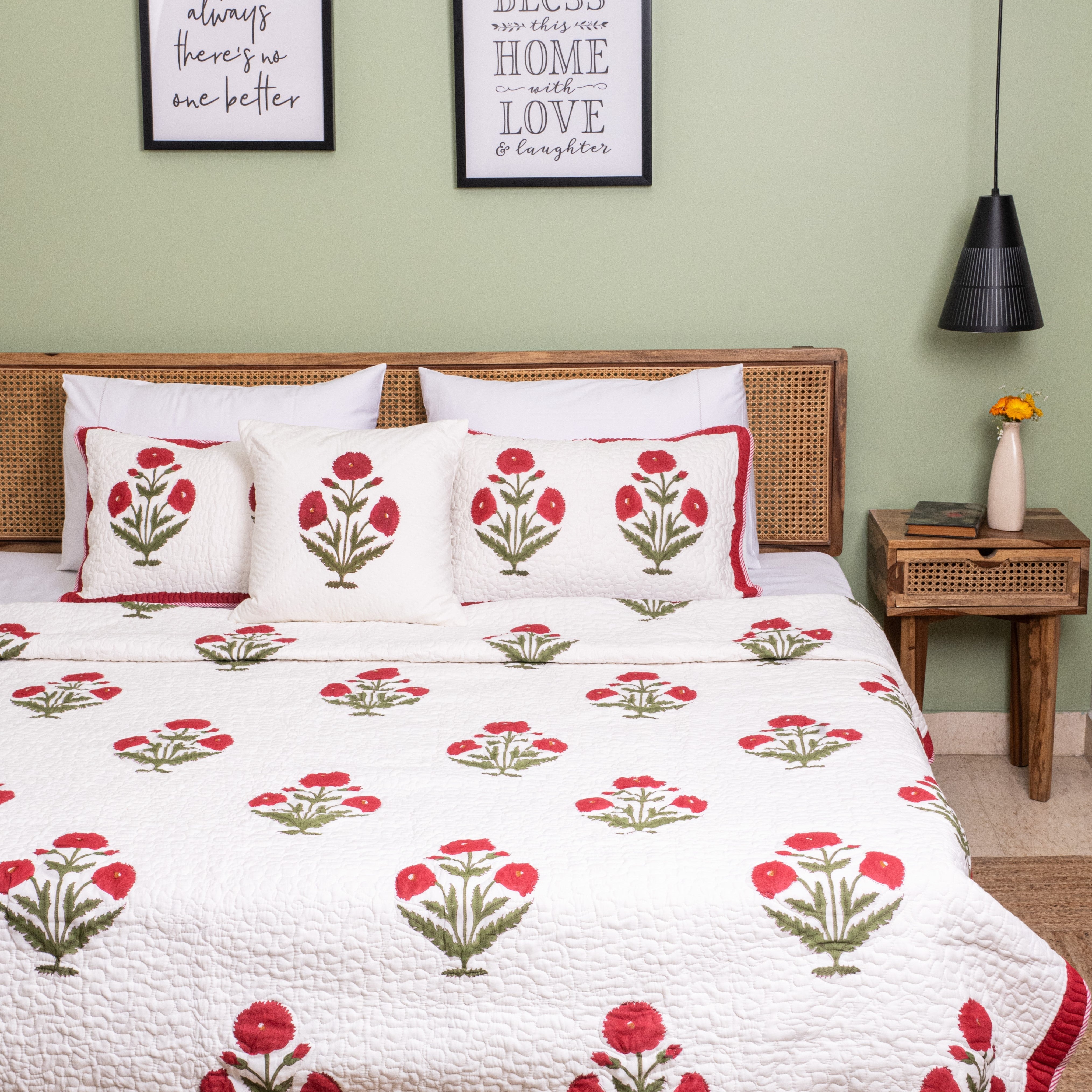 Blushing Poppies Reversible Quilted Bed Cover