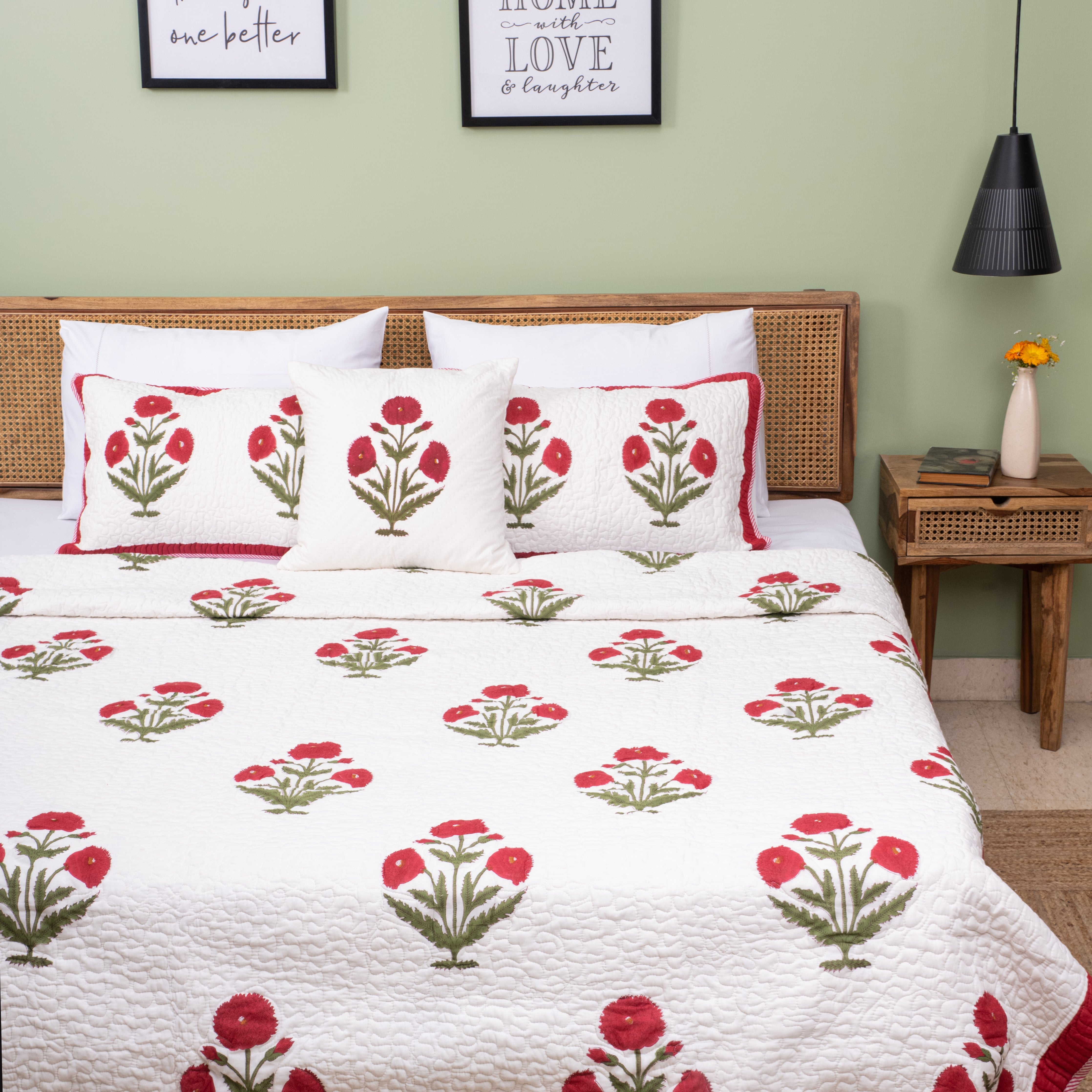 Blushing Poppies Reversible Quilted Bed Cover